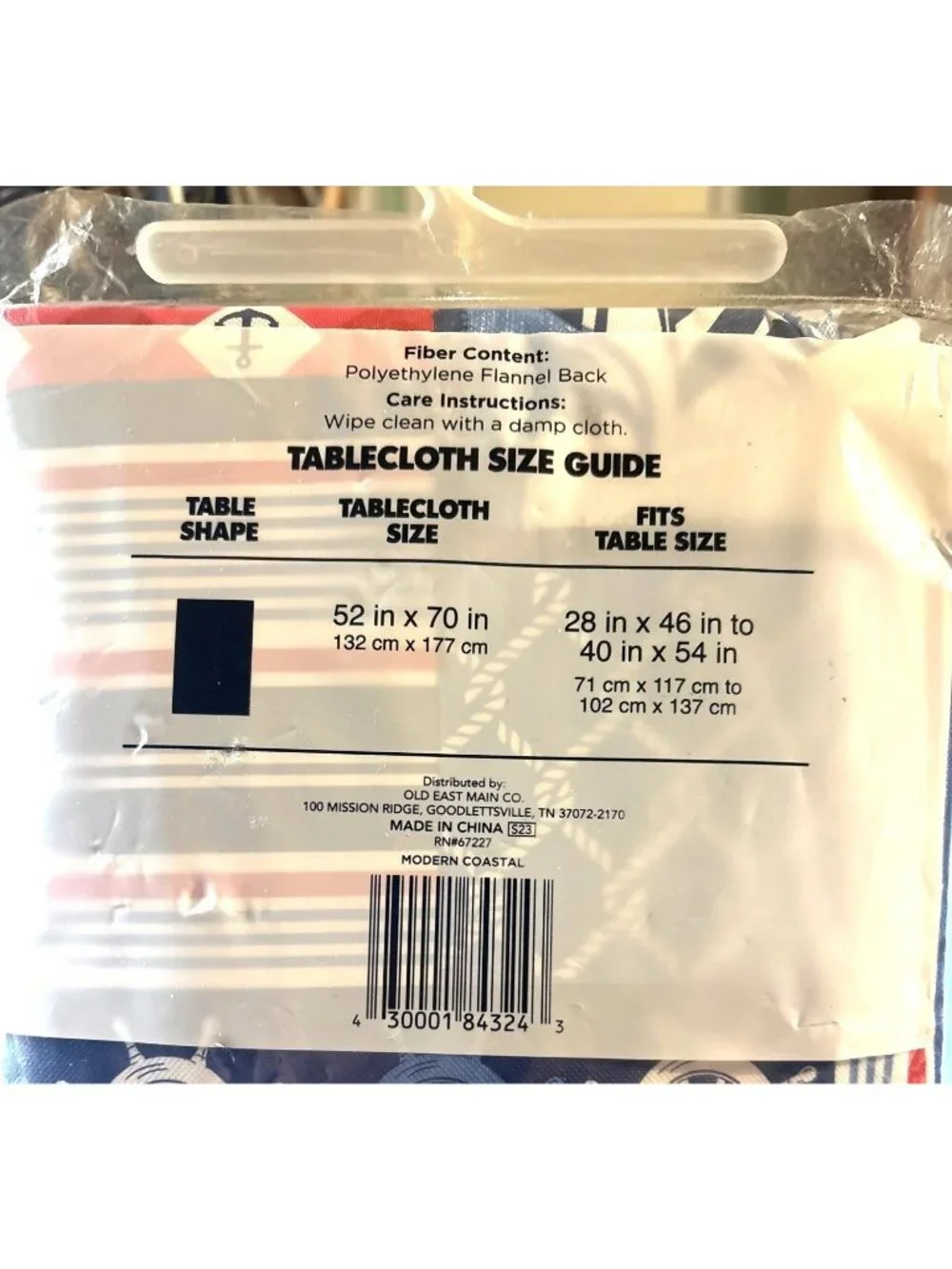 True Living Nautical-Themed Vinyl Flannel Back Tablecloth 52 X 70 Red White Blue